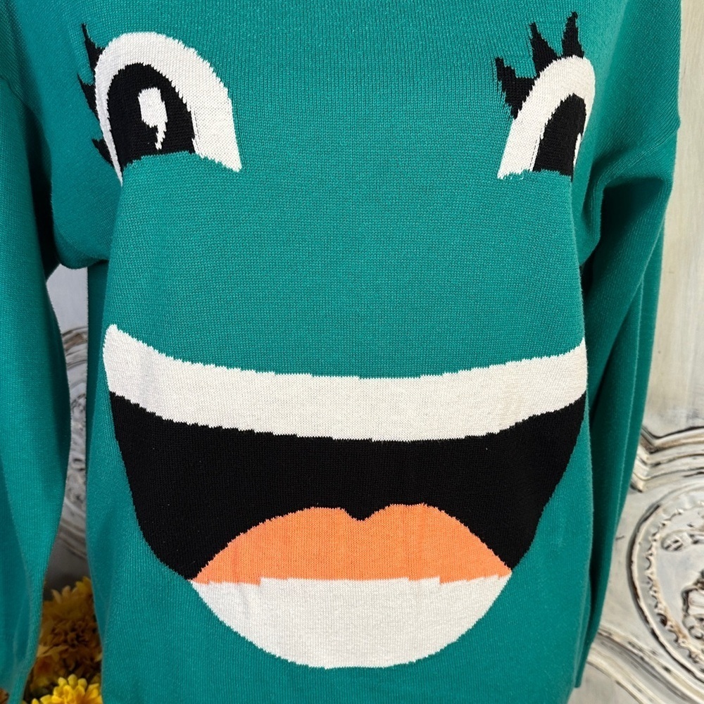 Y2K Teal Face Graphic Long Sleeves Sweater - Picture 4 of 8